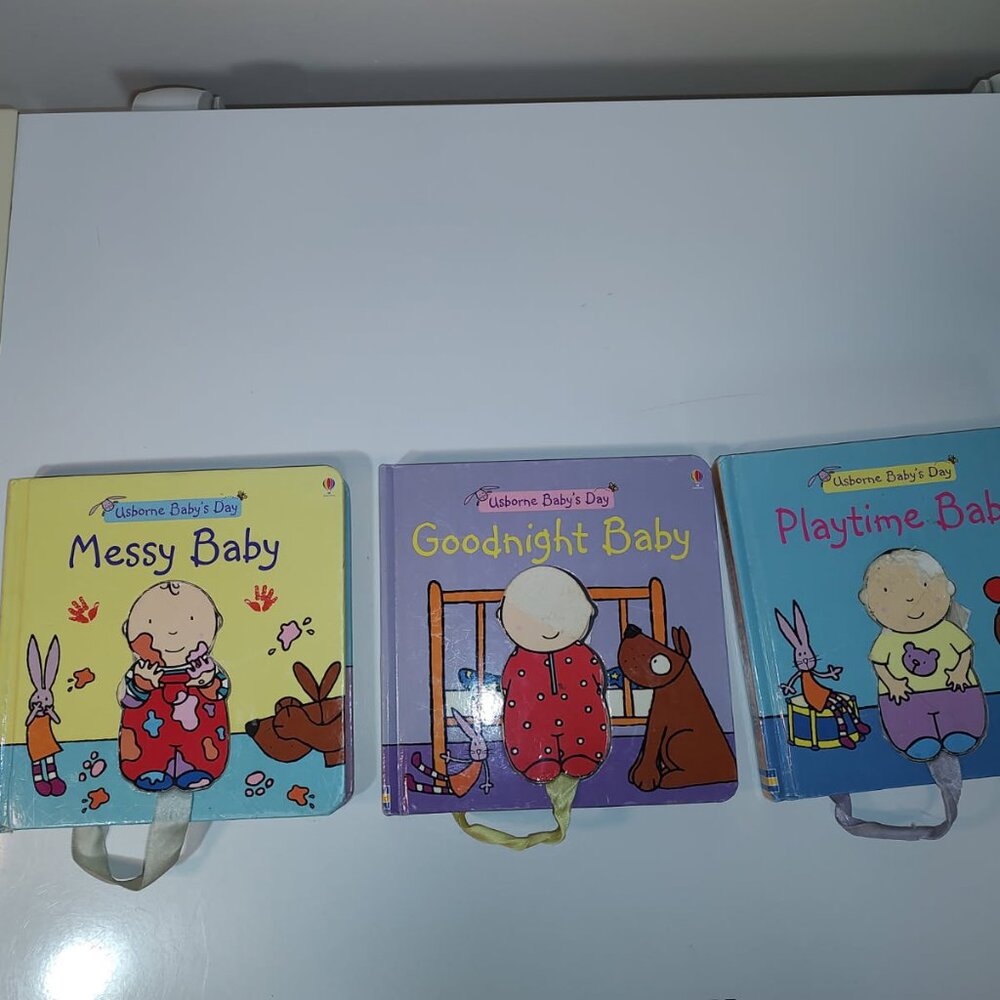 Lot of 3 Usborne Baby's Day Books: Board Pages/ribbon-attached figure-AS IS POOR